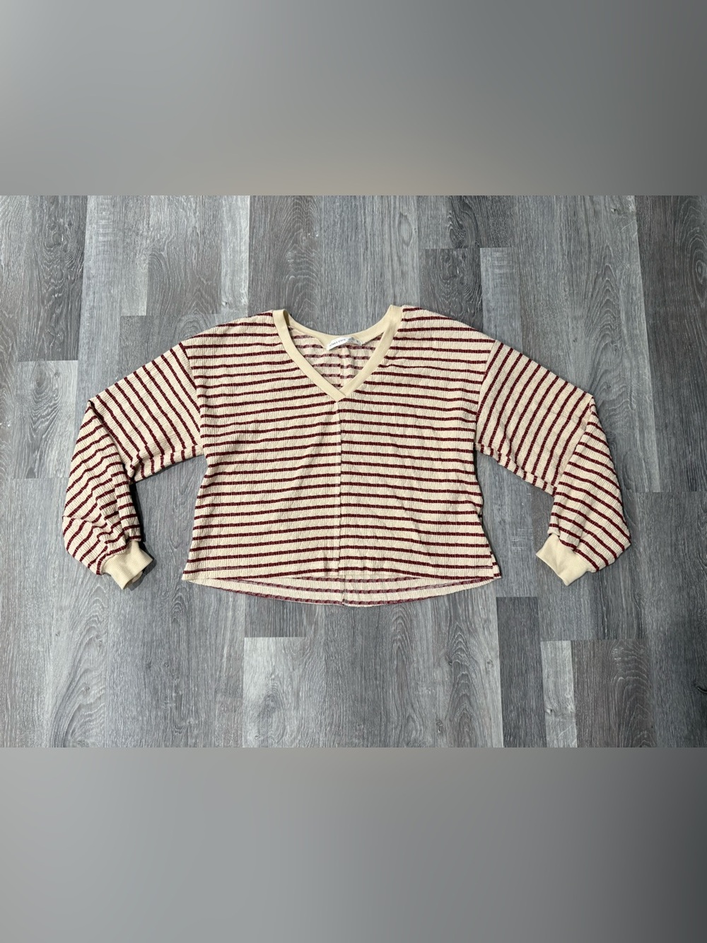 Altar’d State Raelynn V-Neck Striped Waffle Knit Top in Ivory and Burgundy Sz S